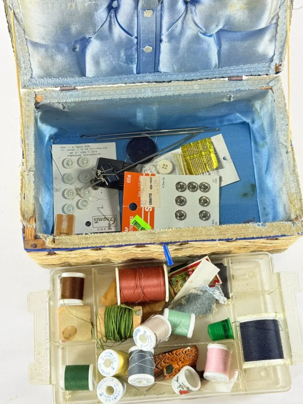 Vintage Woven Sewing Basket With Blue Satin Interior & Assorted Threads